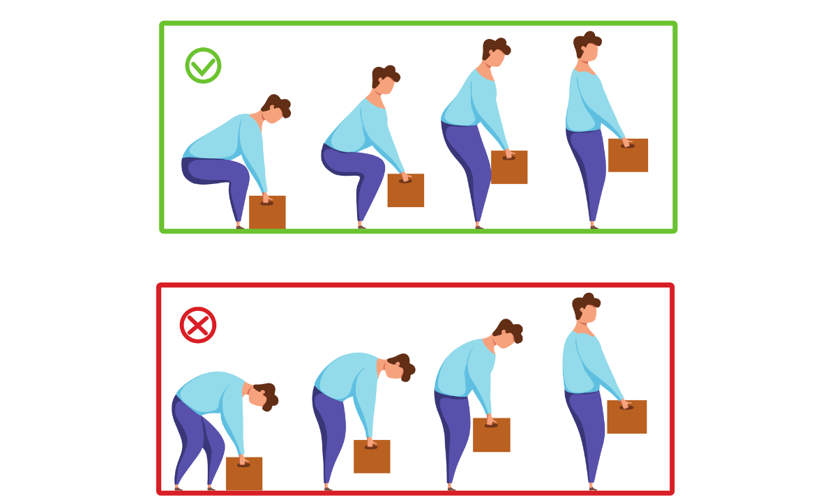 grafické znázornění správného a nesprávného zvedání těžkého předmětu